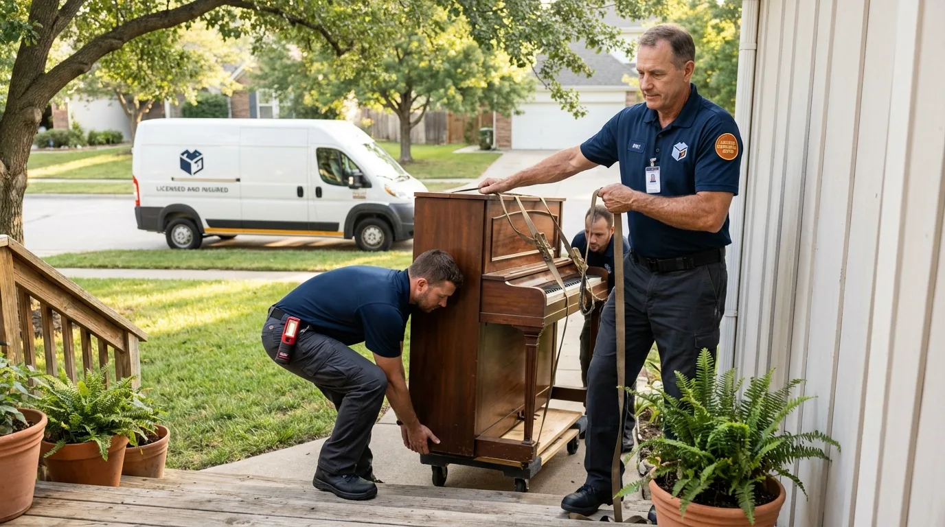 Licensed piano movers securing grand piano in Morton, PA