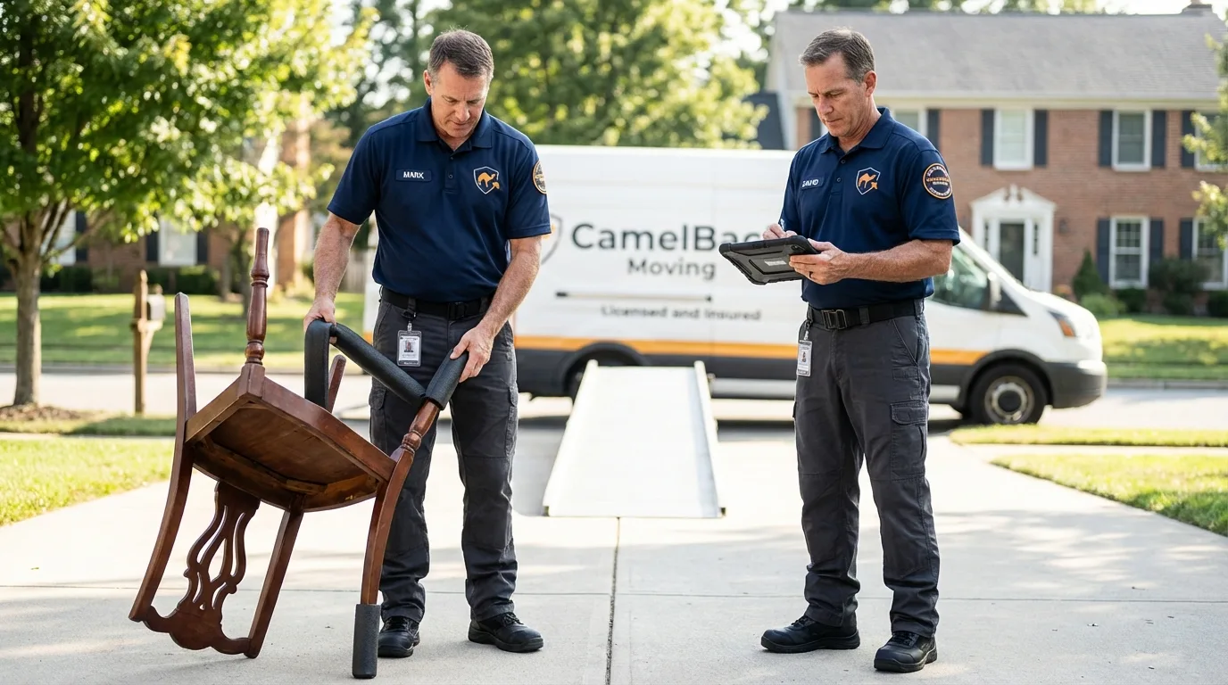 Movers inspecting furniture for damage prevention before loading in Morton, PA