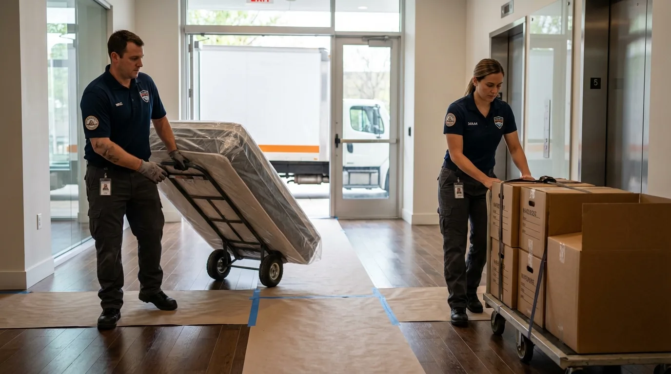 Professional apartment movers loading elevator in Morton, PA