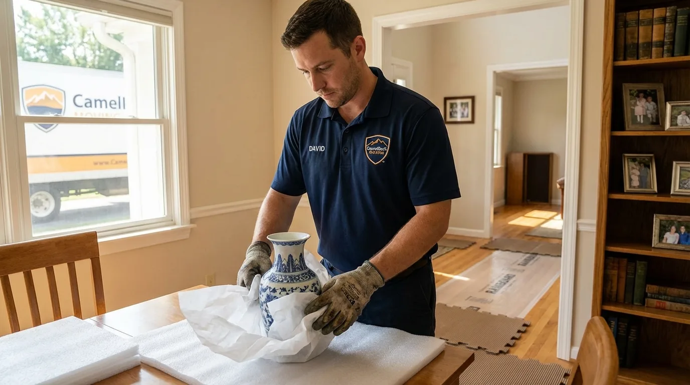 Professional crew carefully wrapping antique vase for senior downsizing move in Morton, PA